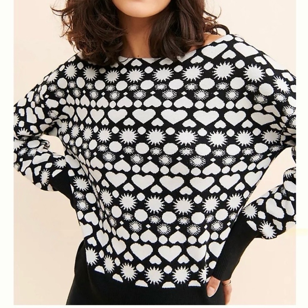 Maeve by Anthropologie Heart Print Boat Neck Sweater Black & White Size Medium